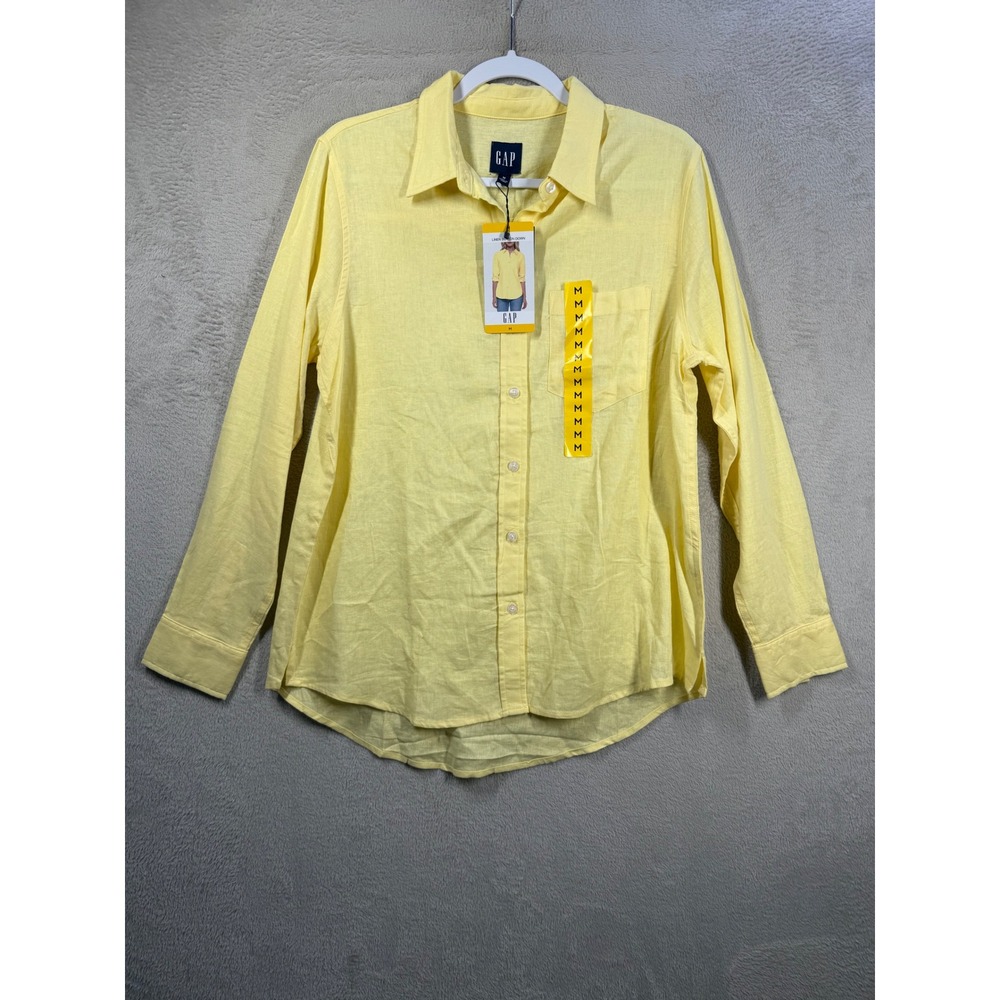 Gap Linen Button Down Women M Yellow Long Sleeve Pocket Casual Shirt GP012715